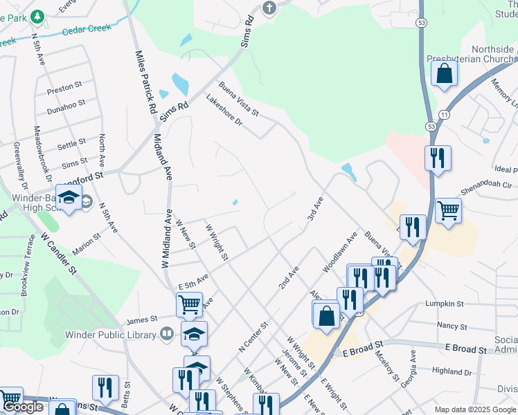 map of restaurants, bars, coffee shops, grocery stores, and more near 146 Pine Rock Road in Winder