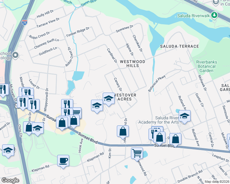 map of restaurants, bars, coffee shops, grocery stores, and more near 1312 Hummingbird Drive in West Columbia