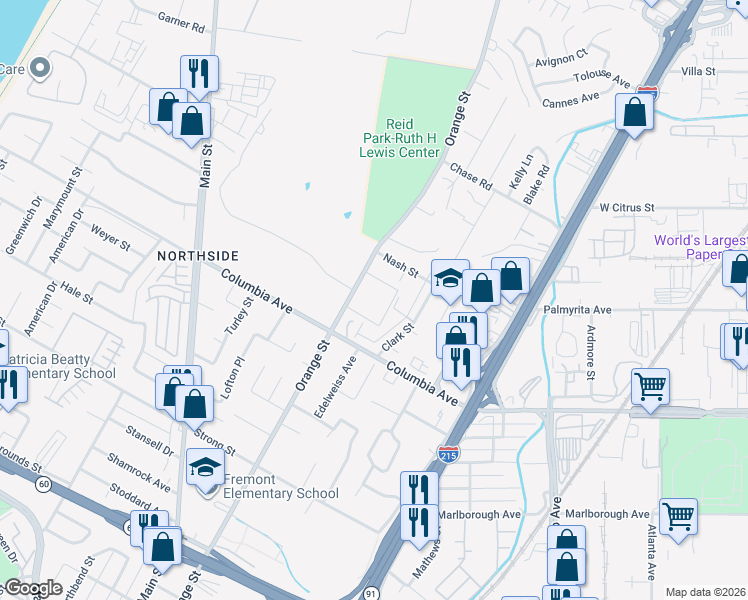 map of restaurants, bars, coffee shops, grocery stores, and more near 1066 Orange Street in Riverside