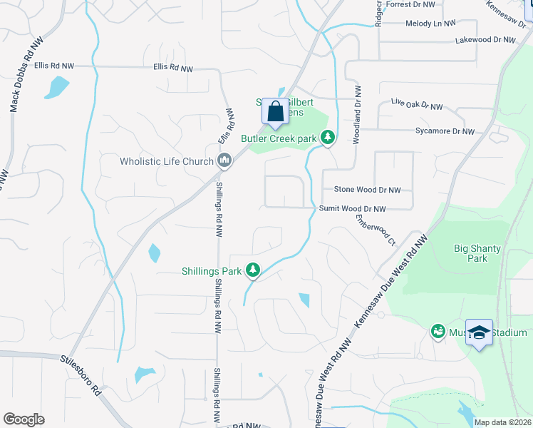 map of restaurants, bars, coffee shops, grocery stores, and more near 5030 Sumit Wood Drive Northwest in Kennesaw