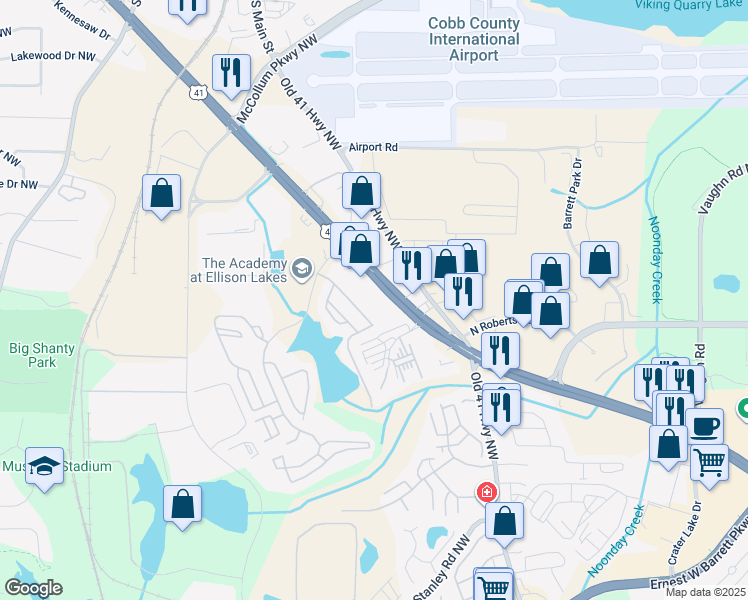 map of restaurants, bars, coffee shops, grocery stores, and more near 2115 Cobb Parkway Northwest in Kennesaw