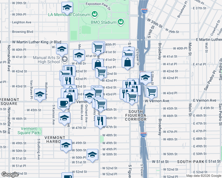 map of restaurants, bars, coffee shops, grocery stores, and more near 636 West 43rd Street in Los Angeles