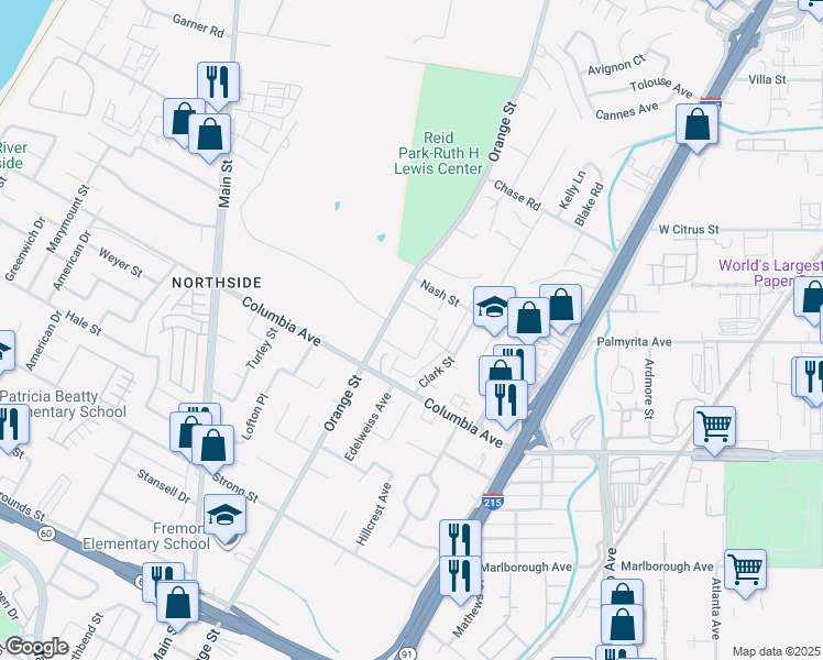 map of restaurants, bars, coffee shops, grocery stores, and more near 1099 Clark Street in Riverside