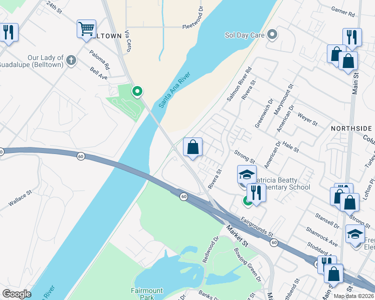 map of restaurants, bars, coffee shops, grocery stores, and more near 1901 Flint Court in Riverside