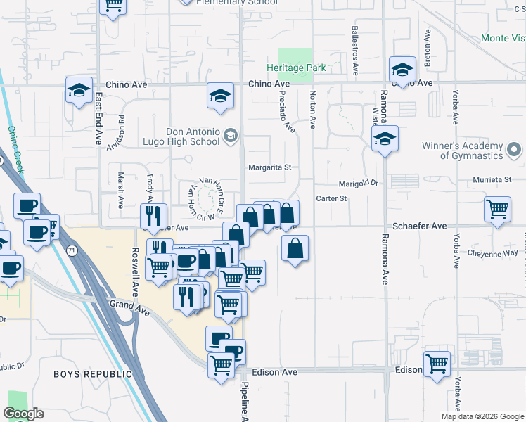 map of restaurants, bars, coffee shops, grocery stores, and more near 4150 Schaefer Avenue in Chino