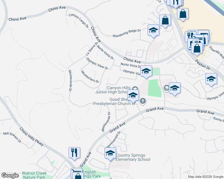 map of restaurants, bars, coffee shops, grocery stores, and more near 2366 Madrugada Drive in Chino Hills