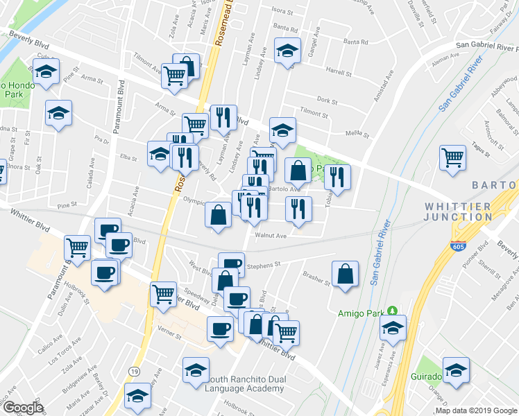 map of restaurants, bars, coffee shops, grocery stores, and more near 9314 Beverly Road in Pico Rivera