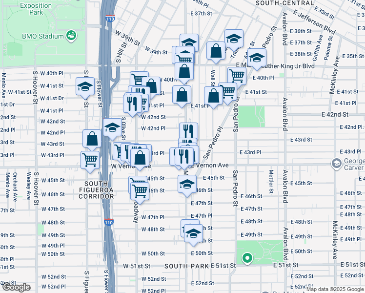 map of restaurants, bars, coffee shops, grocery stores, and more near 143 West 43rd Place in Los Angeles