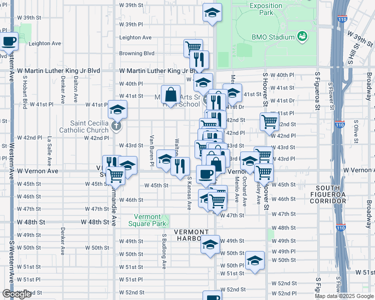 map of restaurants, bars, coffee shops, grocery stores, and more near 4312 Walton Avenue in Los Angeles