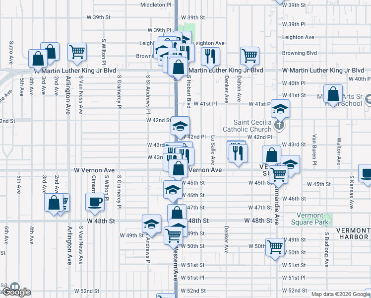 map of restaurants, bars, coffee shops, grocery stores, and more near 4301 South Hobart Boulevard in Los Angeles