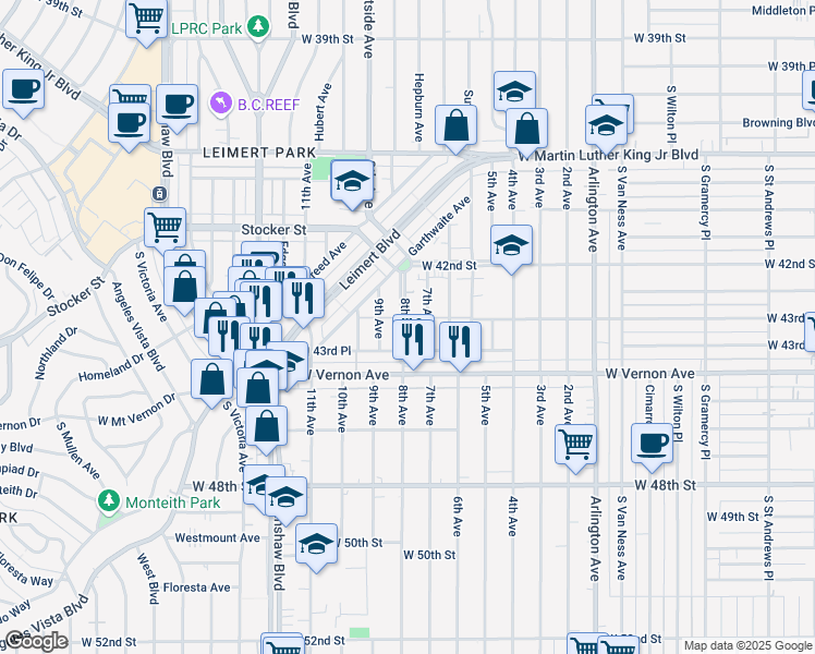 map of restaurants, bars, coffee shops, grocery stores, and more near 4319 8th Avenue in Los Angeles