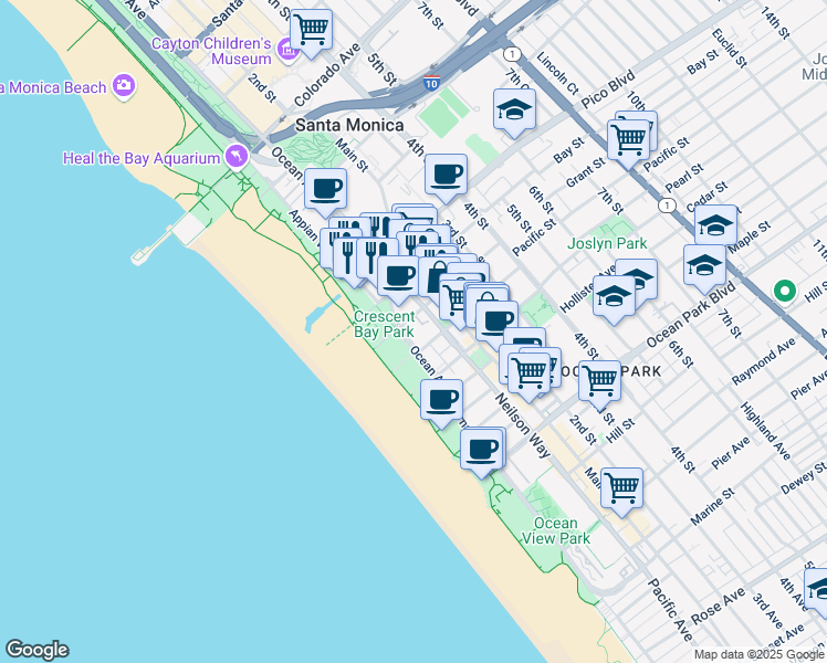 map of restaurants, bars, coffee shops, grocery stores, and more near 2100 Ocean Avenue in Santa Monica