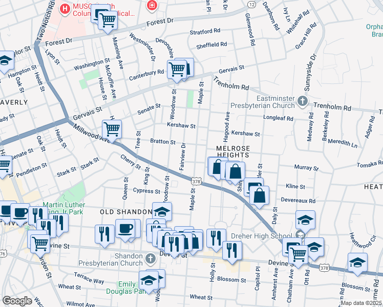 map of restaurants, bars, coffee shops, grocery stores, and more near 1205 Maple Street in Columbia