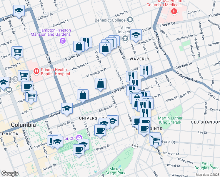 map of restaurants, bars, coffee shops, grocery stores, and more near 1835 Gervais Street in Columbia