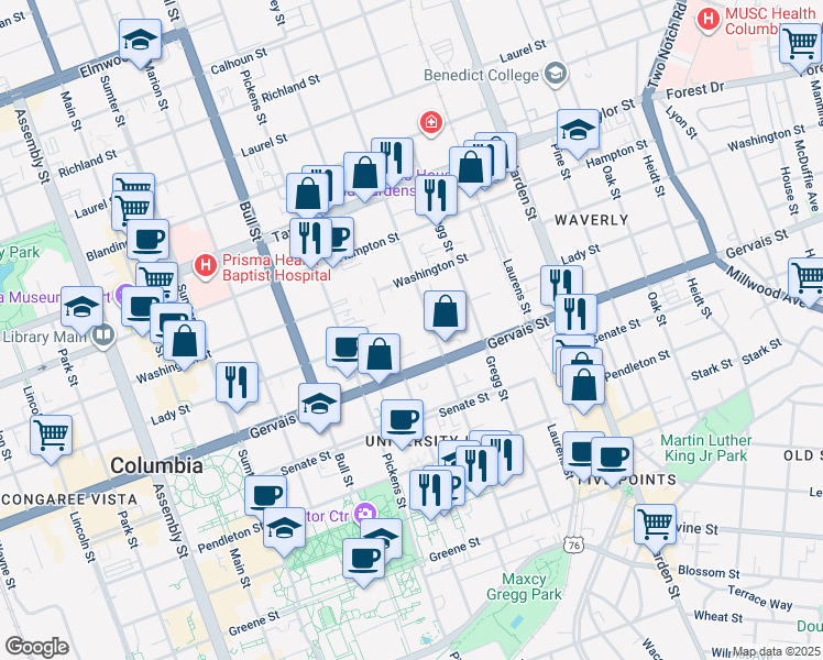 map of restaurants, bars, coffee shops, grocery stores, and more near 1220 Henderson Street in Columbia