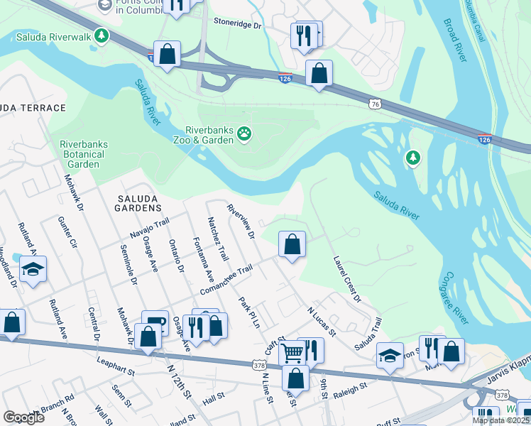 map of restaurants, bars, coffee shops, grocery stores, and more near 421 Edgewater Lane in West Columbia