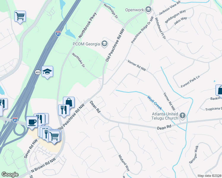 map of restaurants, bars, coffee shops, grocery stores, and more near 1049 Falcon Crest Drive in Lawrenceville
