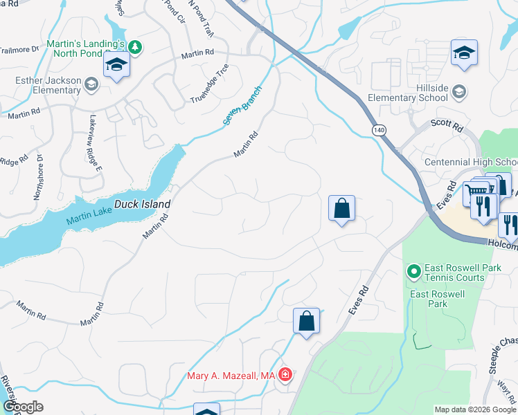 map of restaurants, bars, coffee shops, grocery stores, and more near 2185 Six Branches Drive in Roswell