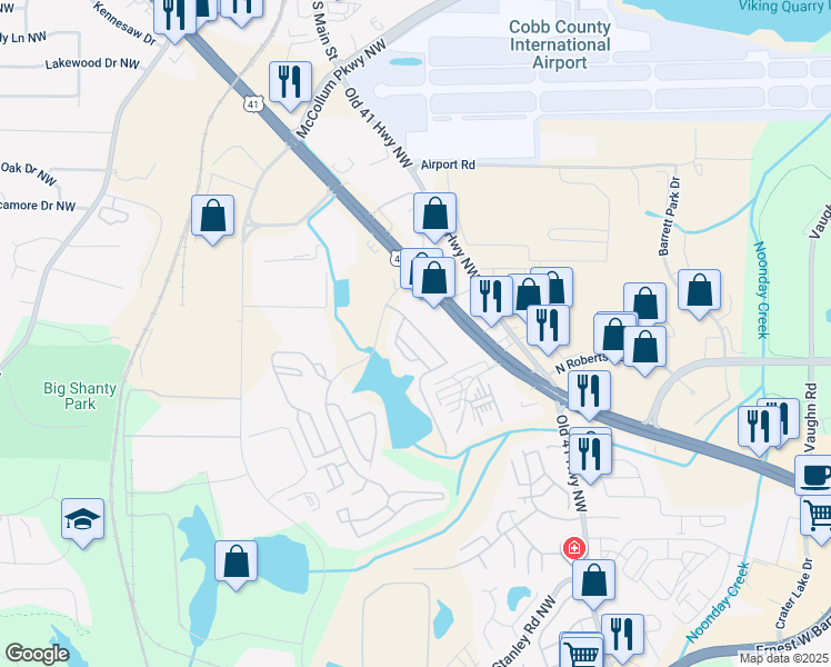 map of restaurants, bars, coffee shops, grocery stores, and more near 1865 Ellison Lakes Court in Kennesaw