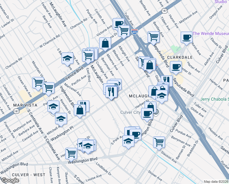 map of restaurants, bars, coffee shops, grocery stores, and more near 3989 Coolidge Avenue in Los Angeles