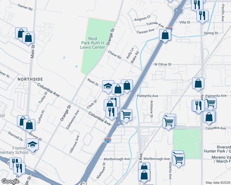 map of restaurants, bars, coffee shops, grocery stores, and more near 1011 West La Cadena Drive in Riverside