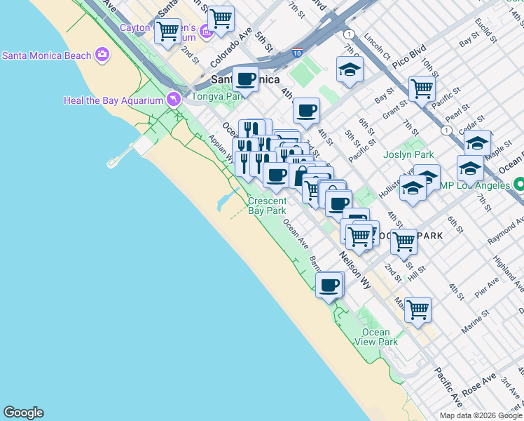 map of restaurants, bars, coffee shops, grocery stores, and more near 2101 Ocean Avenue in Santa Monica
