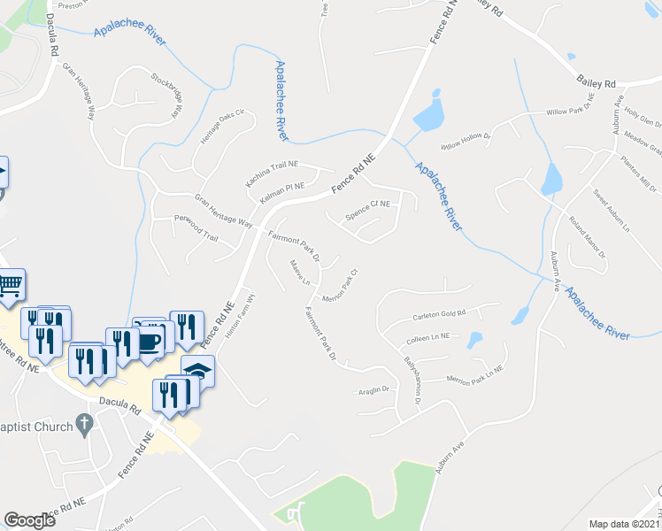 map of restaurants, bars, coffee shops, grocery stores, and more near Ballyshannon Court in Dacula