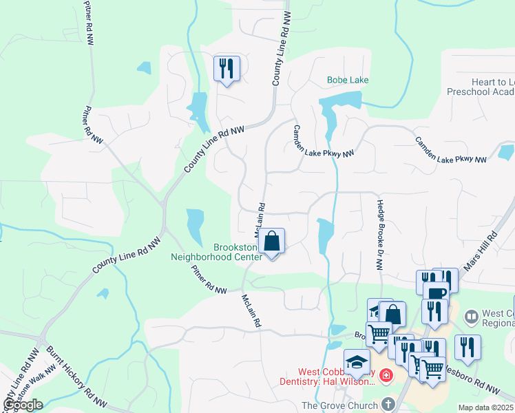 map of restaurants, bars, coffee shops, grocery stores, and more near 5602 Hollowbrooke Lane Northwest in Acworth