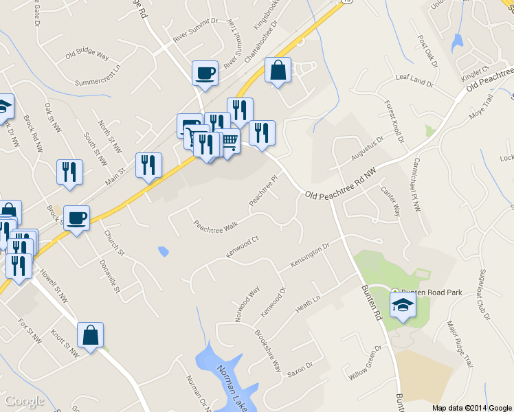 map of restaurants, bars, coffee shops, grocery stores, and more near 2715 Peachtree Walk in Duluth
