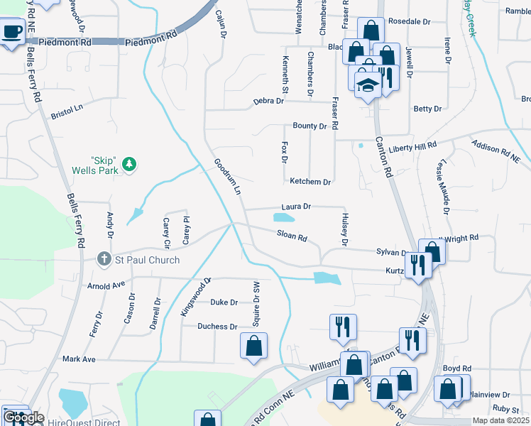 map of restaurants, bars, coffee shops, grocery stores, and more near 592 Laura Drive in Marietta