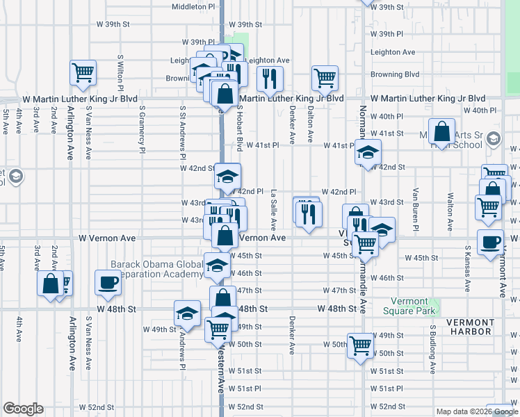 map of restaurants, bars, coffee shops, grocery stores, and more near 4300 South Harvard Boulevard in Los Angeles