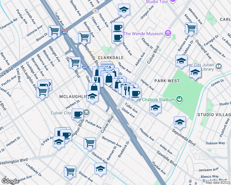 map of restaurants, bars, coffee shops, grocery stores, and more near 4224 Tuller Avenue in Culver City