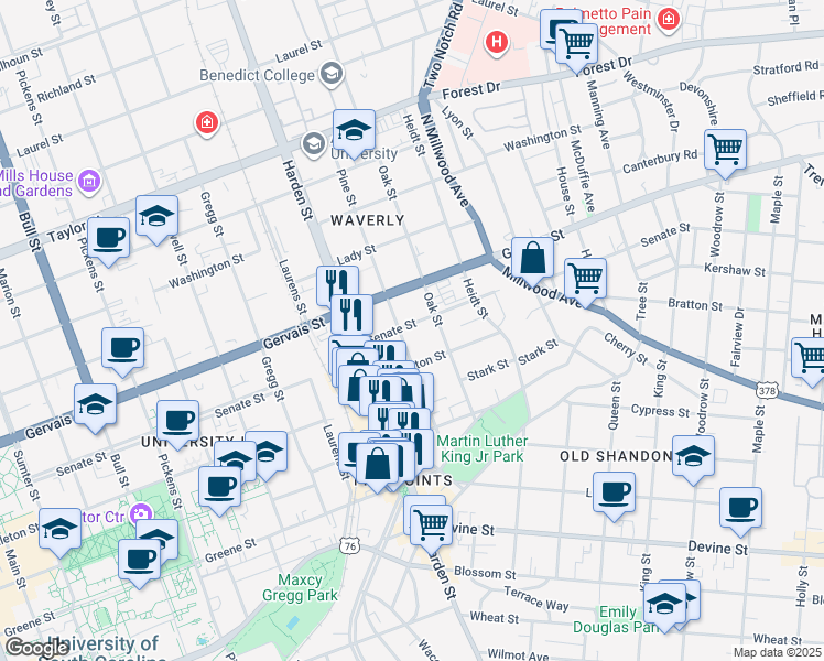 map of restaurants, bars, coffee shops, grocery stores, and more near 1018 Pine Street in Columbia