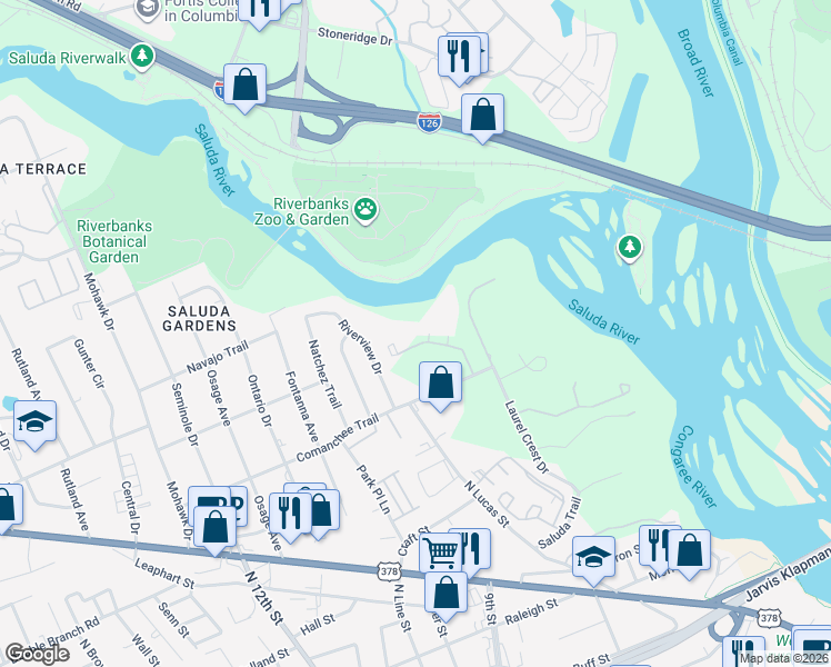 map of restaurants, bars, coffee shops, grocery stores, and more near 421 Edgewater Lane in West Columbia