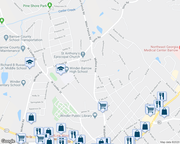 map of restaurants, bars, coffee shops, grocery stores, and more near 253 Grove Street in Winder