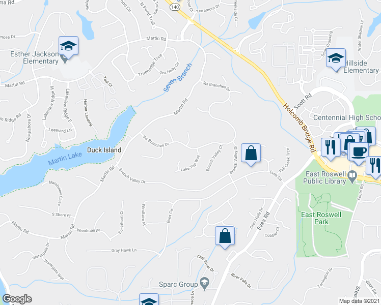 map of restaurants, bars, coffee shops, grocery stores, and more near 2185 Six Branches Drive in Roswell