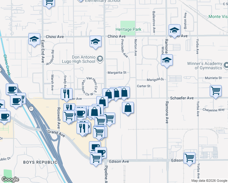 map of restaurants, bars, coffee shops, grocery stores, and more near 4150 Schaefer Avenue in Chino