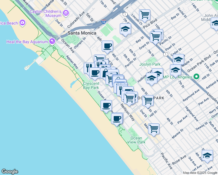 map of restaurants, bars, coffee shops, grocery stores, and more near 140 Pacific Street in Santa Monica