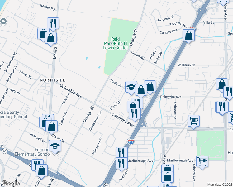 map of restaurants, bars, coffee shops, grocery stores, and more near 1099 Clark Street in Riverside
