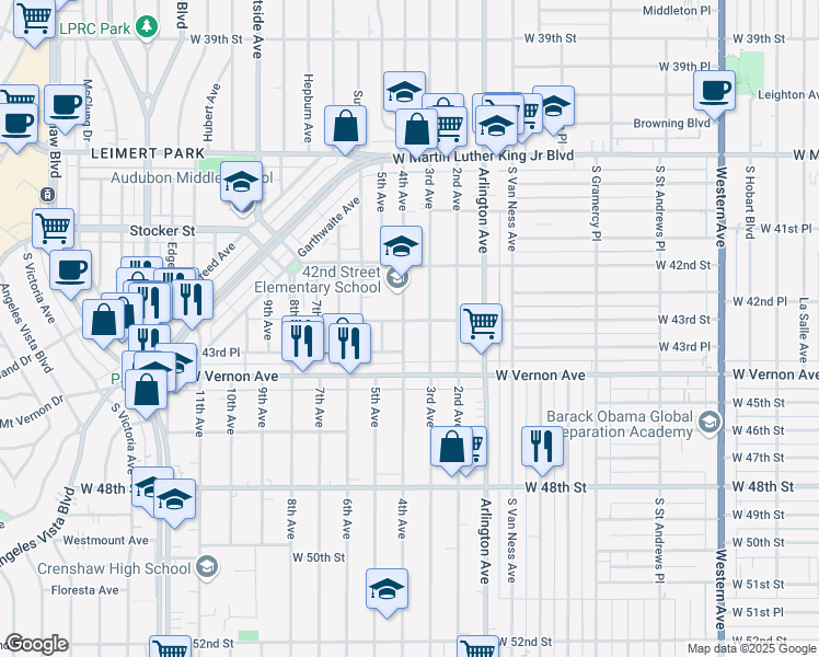 map of restaurants, bars, coffee shops, grocery stores, and more near 4308 4th Avenue in Los Angeles