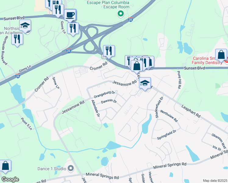 map of restaurants, bars, coffee shops, grocery stores, and more near 501 Carberry Court in West Columbia