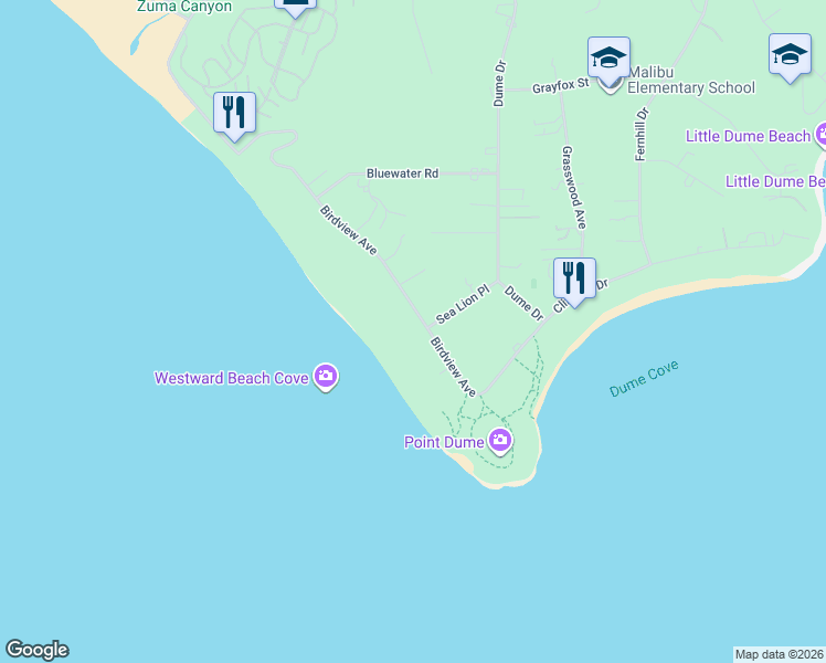 map of restaurants, bars, coffee shops, grocery stores, and more near 7263 Birdview Avenue in Malibu