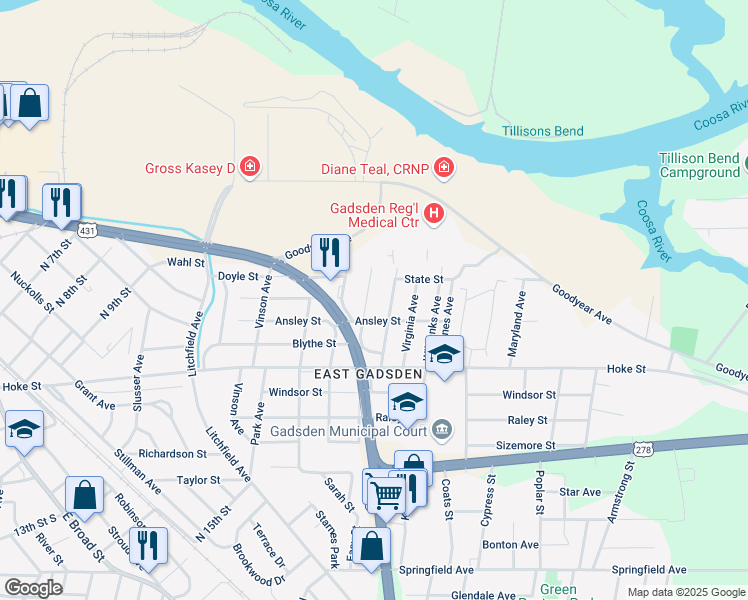 map of restaurants, bars, coffee shops, grocery stores, and more near 923 Martin Avenue in Gadsden