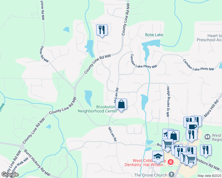 map of restaurants, bars, coffee shops, grocery stores, and more near 5610 Hollowbrooke Lane Northwest in Acworth