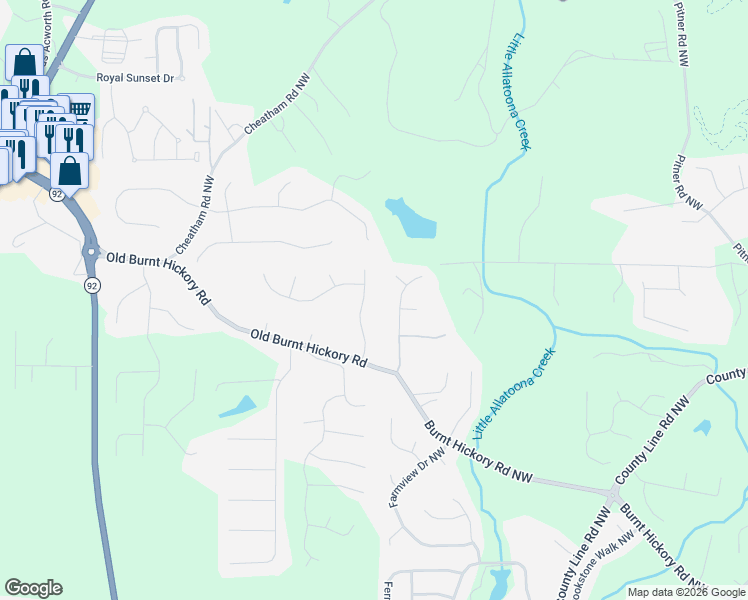 map of restaurants, bars, coffee shops, grocery stores, and more near 158 Hickory Branch Drive in Acworth