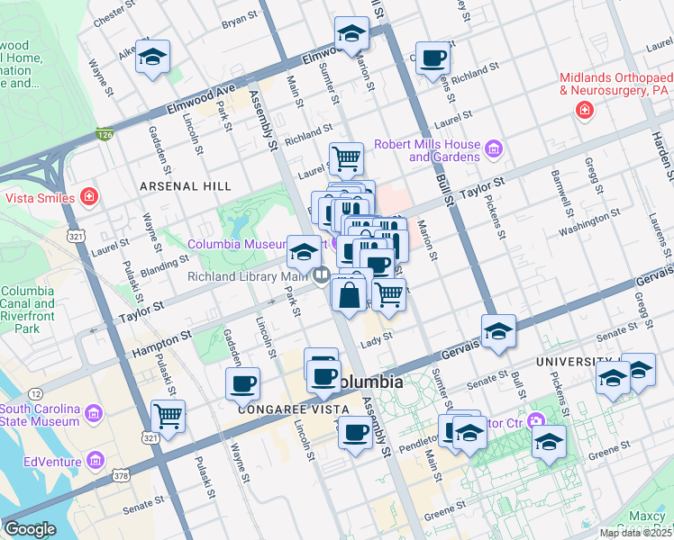 map of restaurants, bars, coffee shops, grocery stores, and more near 1441 Main Street in Columbia