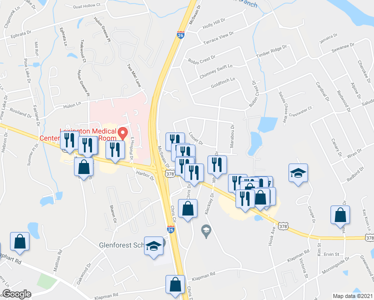 map of restaurants, bars, coffee shops, grocery stores, and more near 270 Marabou Circle in West Columbia