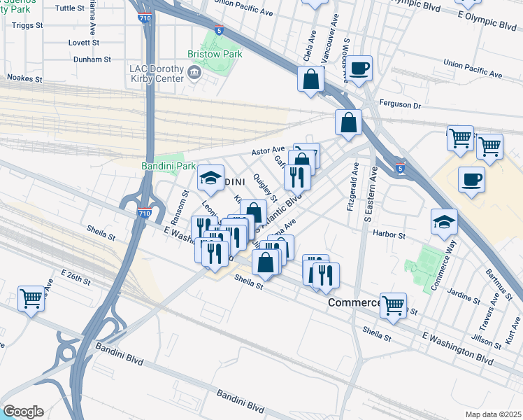 map of restaurants, bars, coffee shops, grocery stores, and more near 5104 Jardine Street in Commerce