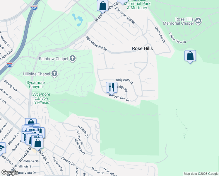 map of restaurants, bars, coffee shops, grocery stores, and more near 4702 Canyon Rim Drive in Whittier