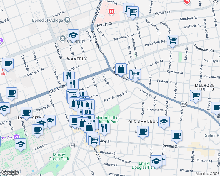 map of restaurants, bars, coffee shops, grocery stores, and more near 2333 Pendleton Street in Columbia
